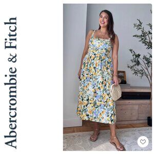 Abercrombie & Fitch Emerson Linen Blend Wide Strap Midi Dress with Lemon Print